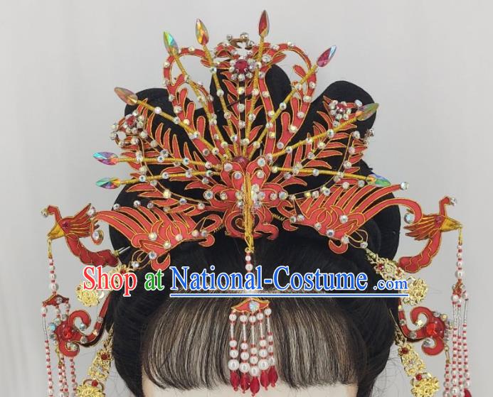 Chinese Huangmei Opera Wedding Headpieces Beijing Opera Hua Tan Red Phoenix Crown Traditional Opera Empress Hair Accessories