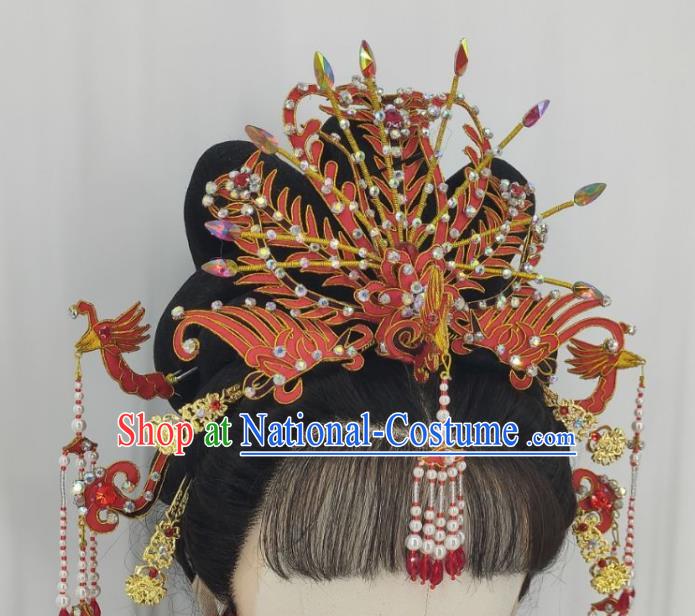 Chinese Huangmei Opera Wedding Headpieces Beijing Opera Hua Tan Red Phoenix Crown Traditional Opera Empress Hair Accessories