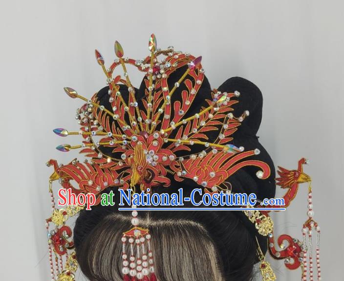 Chinese Huangmei Opera Wedding Headpieces Beijing Opera Hua Tan Red Phoenix Crown Traditional Opera Empress Hair Accessories