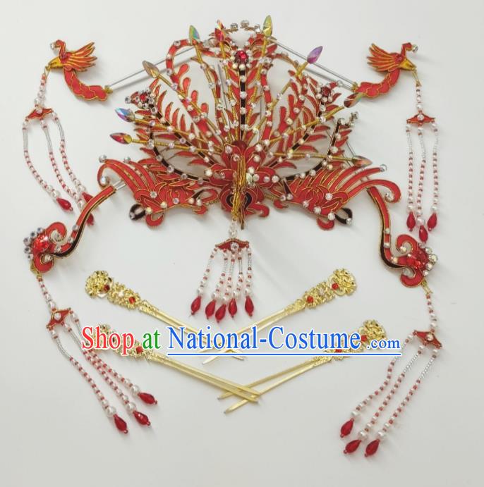 Chinese Huangmei Opera Wedding Headpieces Beijing Opera Hua Tan Red Phoenix Crown Traditional Opera Empress Hair Accessories