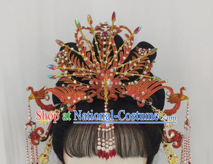 Chinese Huangmei Opera Wedding Headpieces Beijing Opera Hua Tan Red Phoenix Crown Traditional Opera Empress Hair Accessories