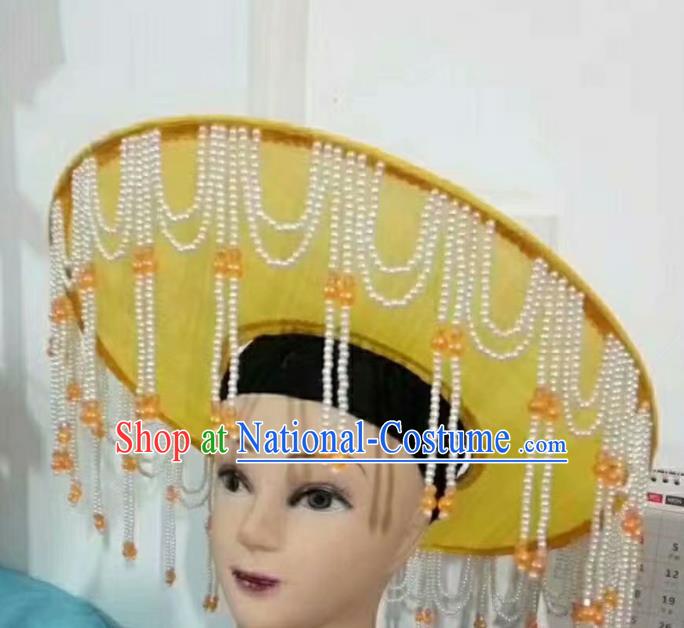 Chinese Huangmei Opera Actress Headwear Beijing Opera Hua Tan Tassel Yellow Hat Traditional Opera Fairy Princess Headdress