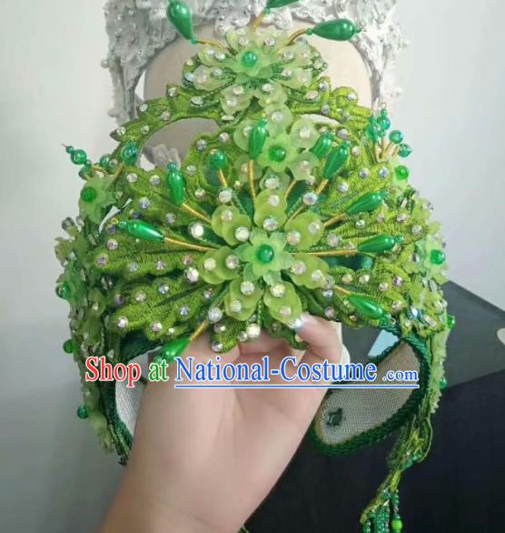 Chinese Traditional Opera Fairy Green Hair Crown Huangmei Opera Xiao Qing Headwear Beijing Opera Actress Headgear