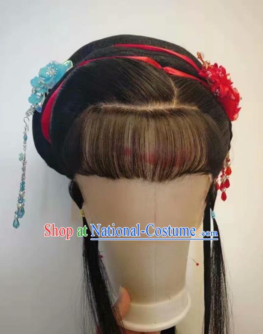 Chinese Beijing Opera Actress Hairpieces Traditional Opera Servant Girl Full Lace Wig Shaoxing Opera Maid Lady Headdress