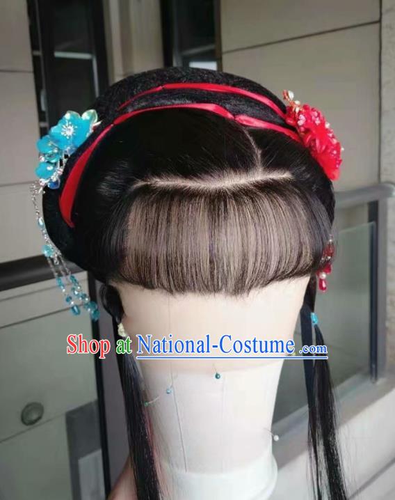 Chinese Beijing Opera Actress Hairpieces Traditional Opera Servant Girl Full Lace Wig Shaoxing Opera Maid Lady Headdress