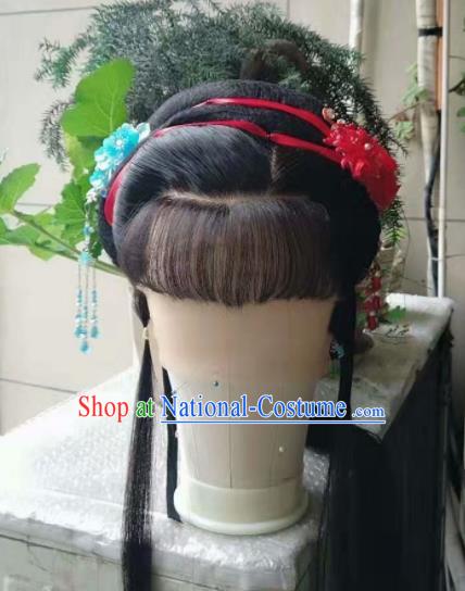 Chinese Beijing Opera Actress Hairpieces Traditional Opera Servant Girl Full Lace Wig Shaoxing Opera Maid Lady Headdress