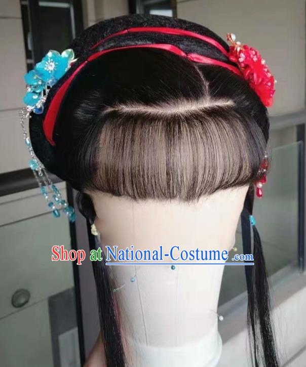 Chinese Beijing Opera Actress Hairpieces Traditional Opera Servant Girl Full Lace Wig Shaoxing Opera Maid Lady Headdress