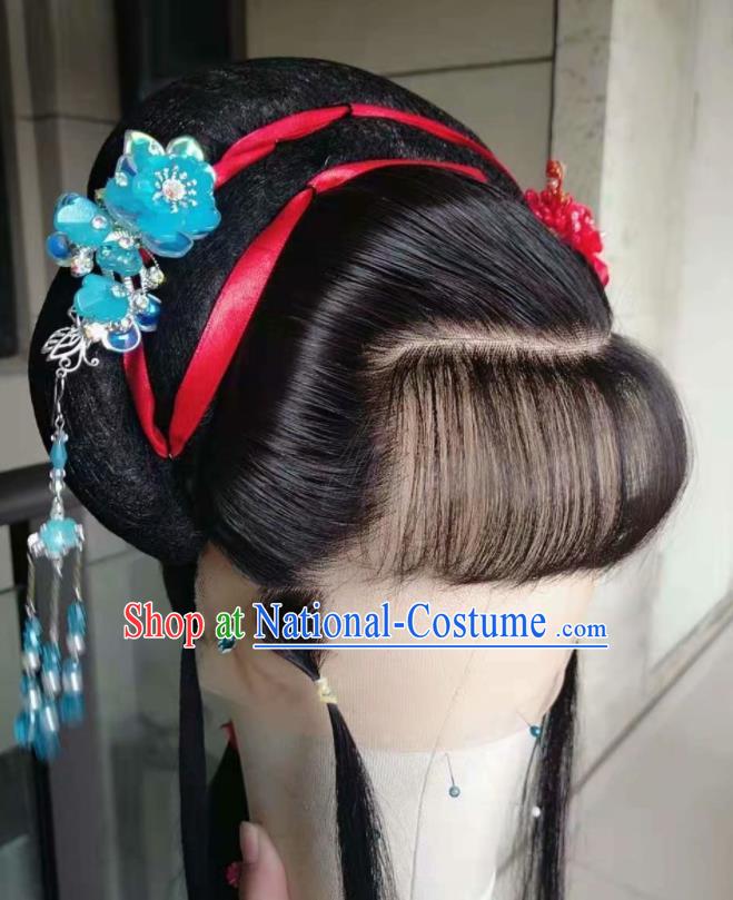 Chinese Beijing Opera Actress Hairpieces Traditional Opera Servant Girl Full Lace Wig Shaoxing Opera Maid Lady Headdress