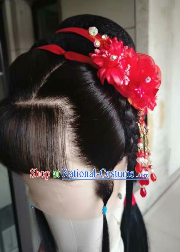 Chinese Beijing Opera Actress Hairpieces Traditional Opera Servant Girl Full Lace Wig Shaoxing Opera Maid Lady Headdress