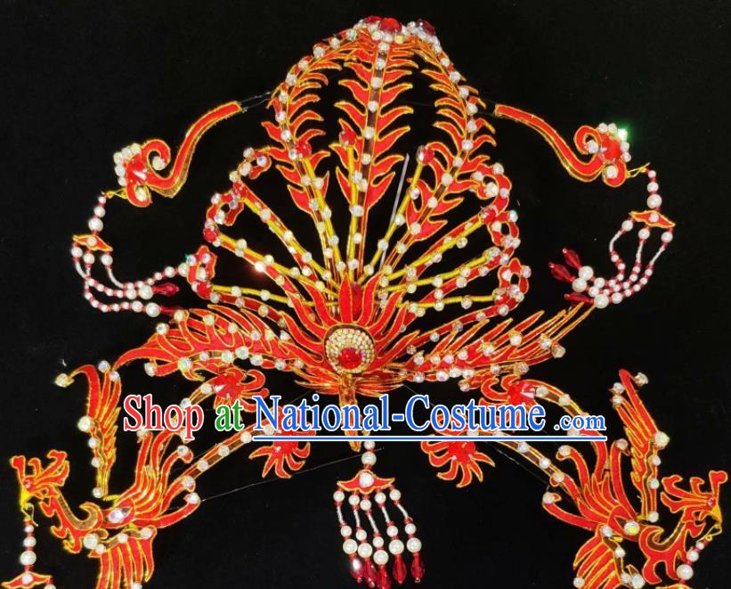 Chinese Beijing Opera Hua Tan Red Phoenix Hairpins Traditional Opera Hair Accessories Shaoxing Opera Princess Headdress