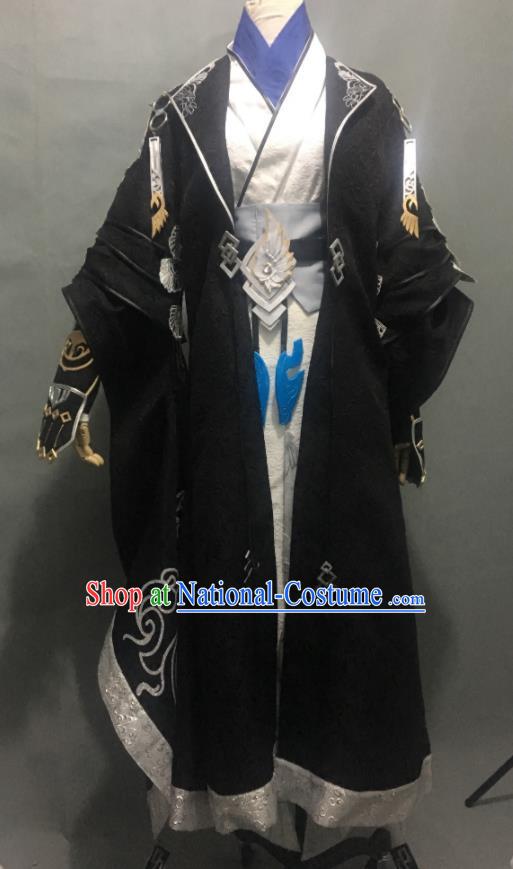 Chinese Cosplay Swordsman Black Clothing Moonlight Blade Yimo Cangming Apparel Ancient Taoist Priest Garment Costumes