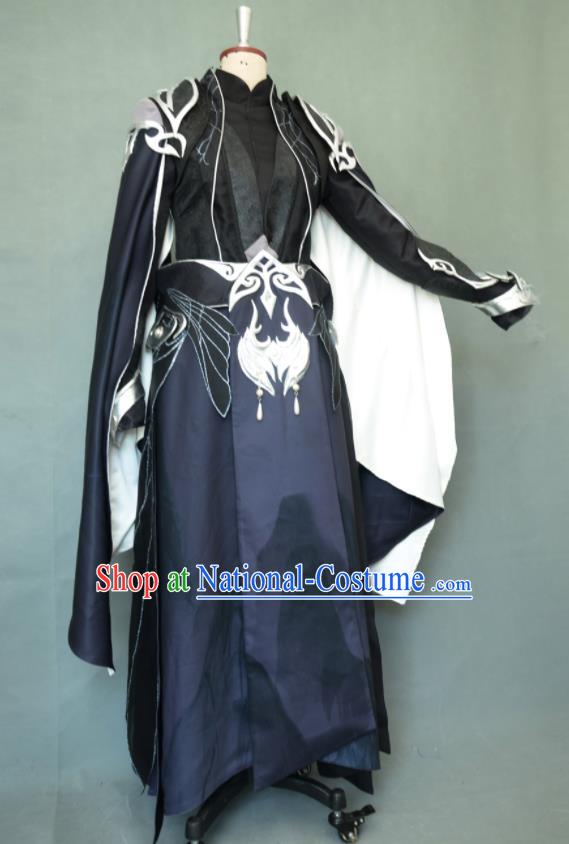 Chinese Cosplay Swordsman Navy Blue Clothing Jian Xia Qi Yuan Hua Ge  Apparel Ancient Knight Garment Costumes