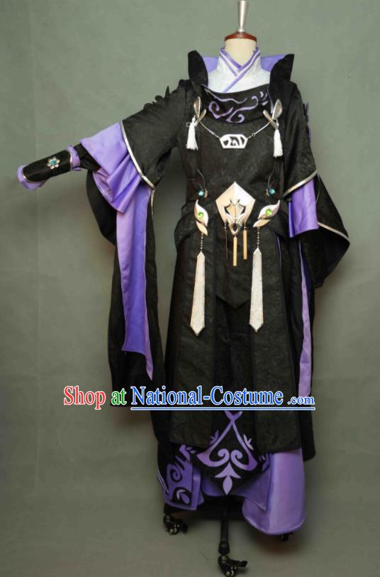 Chinese Cosplay Swordsman Black Clothing Game Jian Xia Qing Yuan Knight Apparel Ancient Young Hero Garment Costumes