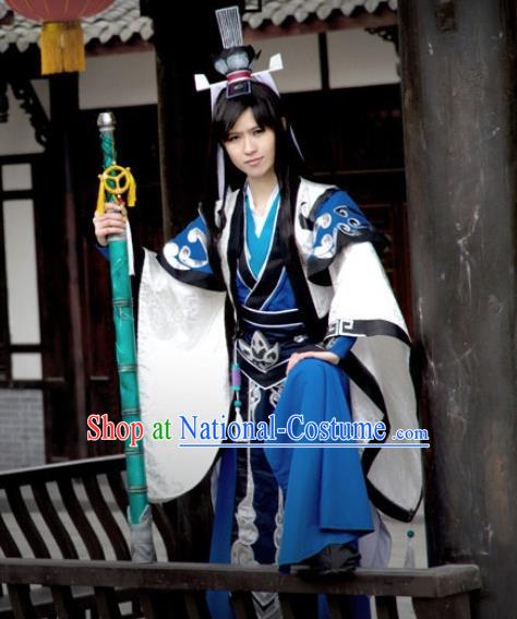 Chinese Ancient Taoist Priest Garment Costumes Cosplay Swordsman Clothing Game Jian Xia Qing Yuan Young Male Blue Apparel