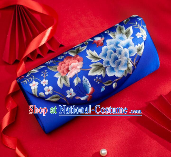 China Handmade Suzhou Embroidery Peony Handbag Evening Bag National Royal Blue Silk Clutch Bag