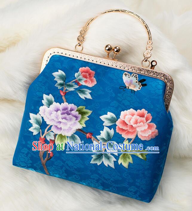 China National Royal Blue Silk Chain Bag Handmade Suzhou Embroidery Peony Handbag Cheongsam Evening Bag