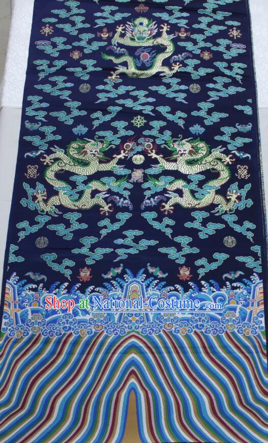 China Classical Dragons Pattern Navy Blue Brocade Fabric Ancient Imperial Robe Silk Fabrics Traditional Court Drapery