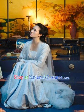 China Romance Drama The Blessed Girl Li Sha Clothing Traditional Cosplay Fairy Blue Hanfu Dress Ancient Swordswoman Garment Costumes and Headpieces