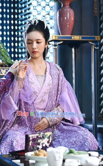 China Romance Drama The Blessed Girl Yin Zhuang Clothing Traditional Noble Lady Purple Dress Ancient Swordswoman Garment Costumes and Headpieces