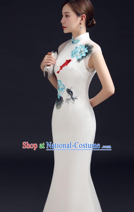 Chinese New Year Full Dress Traditional White Qipao Modern Cheongsam Ink Painting Lotus Fish Qipao Dress