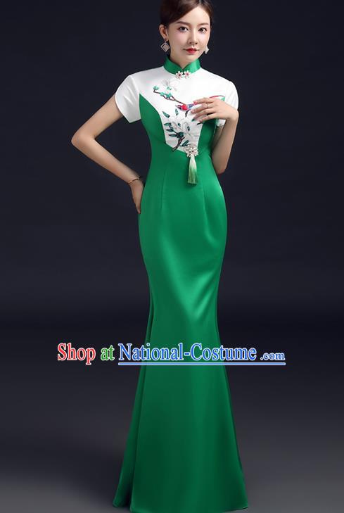 Chinese Embroidered Magnolia Qipao Dress New Year Full Dress Traditional Green Satin Qipao Modern Cheongsam