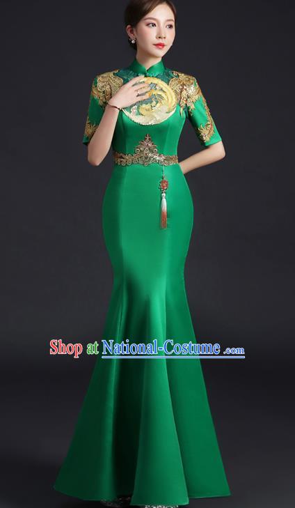 Chinese Traditional Green Qipao Modern Cheongsam Embroidered Phoenix Qipao Dress New Year Middle Sleeve Full Dress