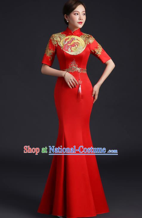 Chinese New Year Middle Sleeve Full Dress Traditional Wedding Qipao Bride Modern Red Cheongsam Embroidered Phoenix Qipao Dress