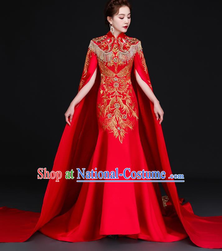 Chinese Bride Modern Cheongsam Trailing Qipao Dress Wedding Red Full Dress Traditional Bride Embroidered Qipao