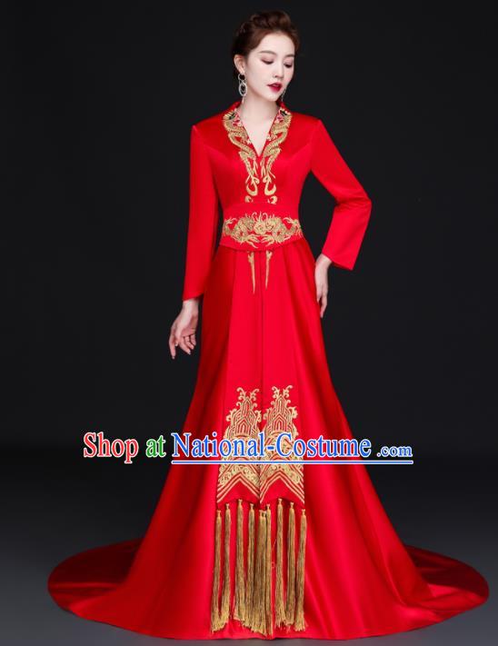 China Dinner Party Formal Garment New Year Red Dress Professional Embroidery Full Dress