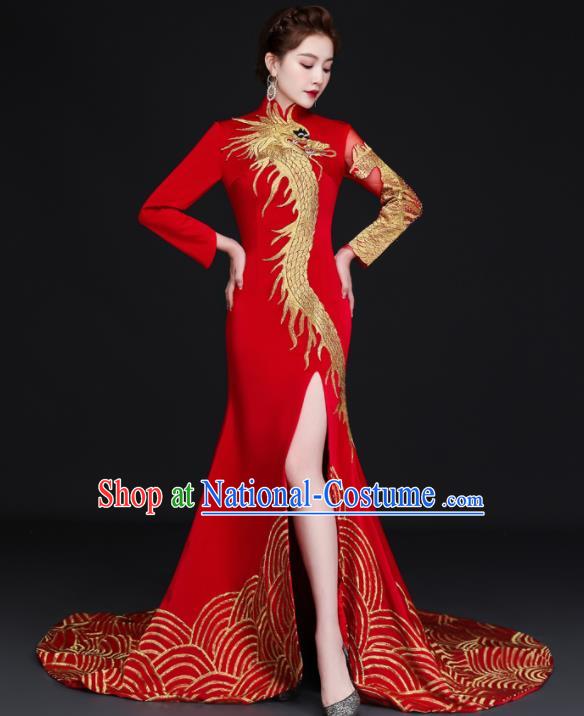 Chinese Bride Embroidered Dragon Trailing Qipao Modern Cheongsam Traditional Qipao Dress Wedding Red Full Dress