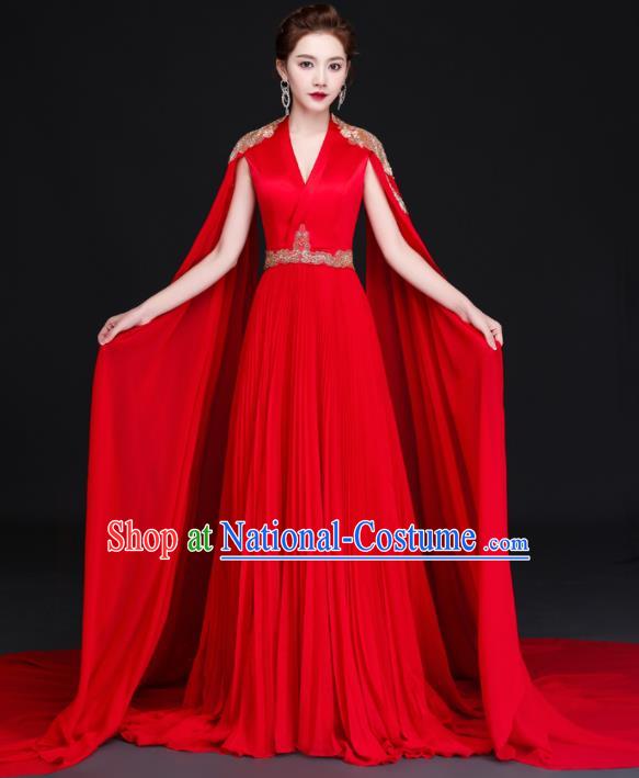 China New Year Compere Red Dress Professional Embroidery Full Dress Dinner Party Formal Garment