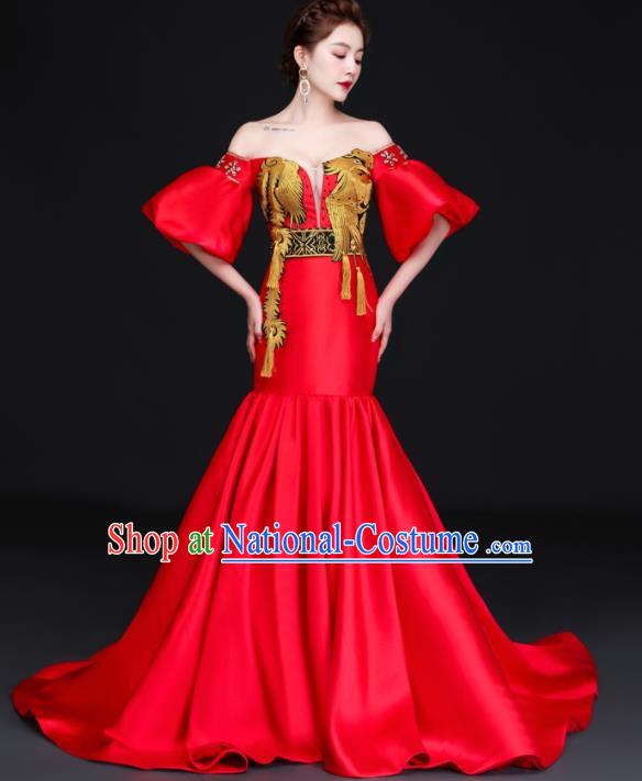 China Dinner Party Formal Garment New Year Compere Red Flare Dress Professional Embroidery Phoenix Full Dress