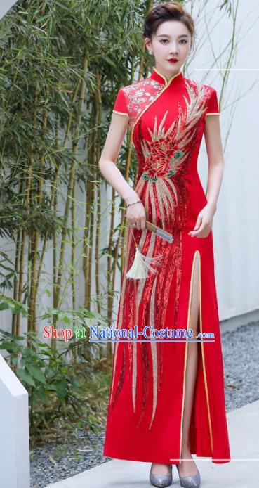 Chinese Wedding Red Full Dress Bride Embroidered Peony Qipao Modern Cheongsam Traditional Qipao Dress