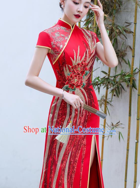 Chinese Wedding Red Full Dress Bride Embroidered Peony Qipao Modern Cheongsam Traditional Qipao Dress