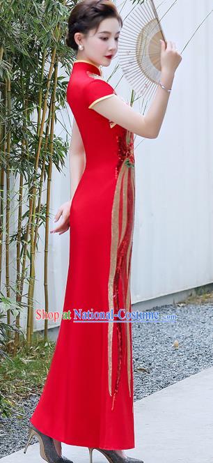 Chinese Wedding Red Full Dress Bride Embroidered Peony Qipao Modern Cheongsam Traditional Qipao Dress