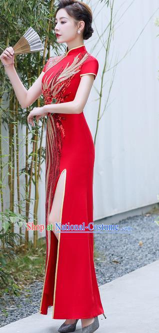 Chinese Wedding Red Full Dress Bride Embroidered Peony Qipao Modern Cheongsam Traditional Qipao Dress