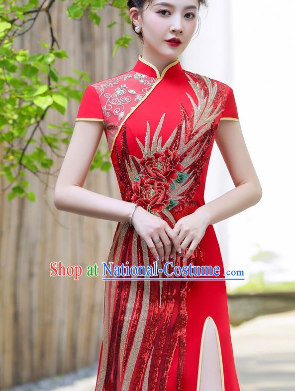 Chinese Wedding Red Full Dress Bride Embroidered Peony Qipao Modern Cheongsam Traditional Qipao Dress