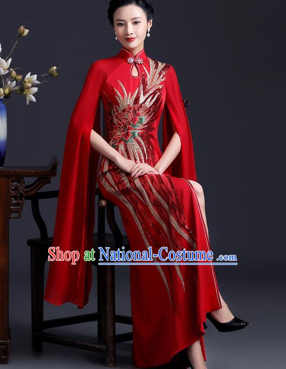 Chinese Modern Cheongsam Traditional Red Qipao Dress Hostess Full Dress Embroidered Peony Qipao Clothing