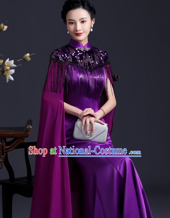 Chinese Black Tassel Qipao Clothing Modern Fishtail Cheongsam Traditional Purple Qipao Dress Hostess Full Dress