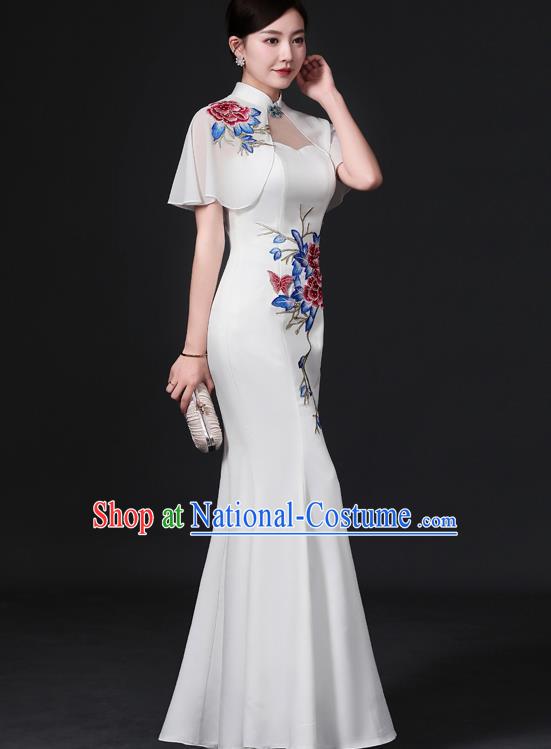 Chinese Traditional White Tippet Qipao Dress Hostess Full Dress Embroidered Qipao Clothing Modern Fishtail Cheongsam