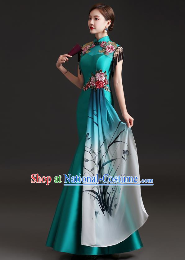 Chinese Modern Cheongsam Traditional In Painting Orchids Dress Compere Full Dress Embroidered Green Qipao Clothing