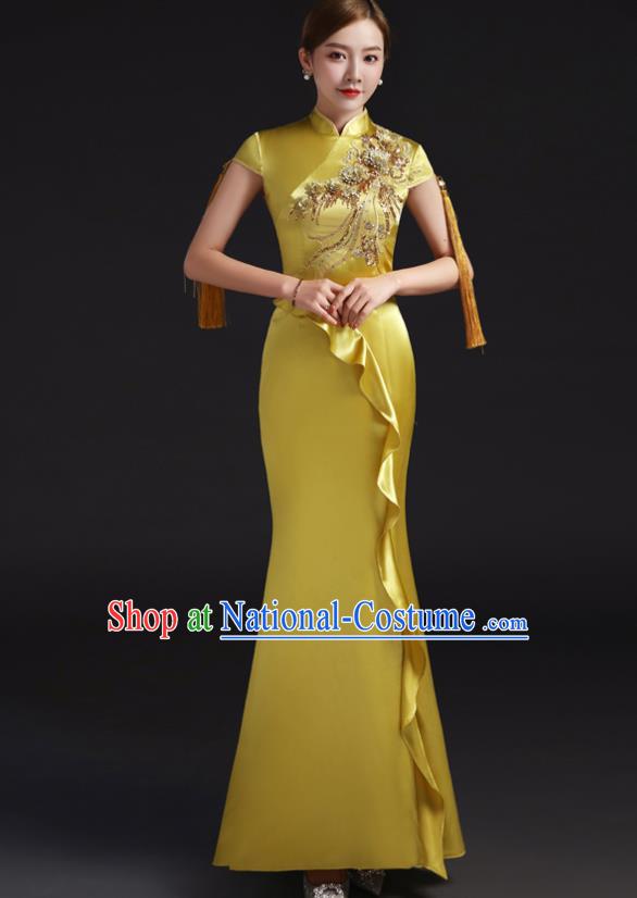 Chinese Embroidered Yellow Qipao Clothing Modern Cheongsam Traditional New Year Dress Compere Full Dress