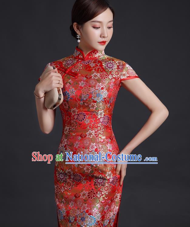 Chinese Bride Red Brocade Cheongsam Traditional Wedding Dress Compere Full Dress Classical Qipao Clothing