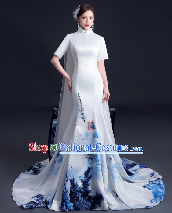 China Professional Catwalks Full Dress Dinner Party Formal Garment Compere Ink Painting Landscape Trailing Dress