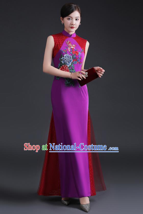 Chinese Modern Lace Cheongsam Traditional Purple Qipao Dress Hostess Full Dress Embroidered Peony Qipao Clothing