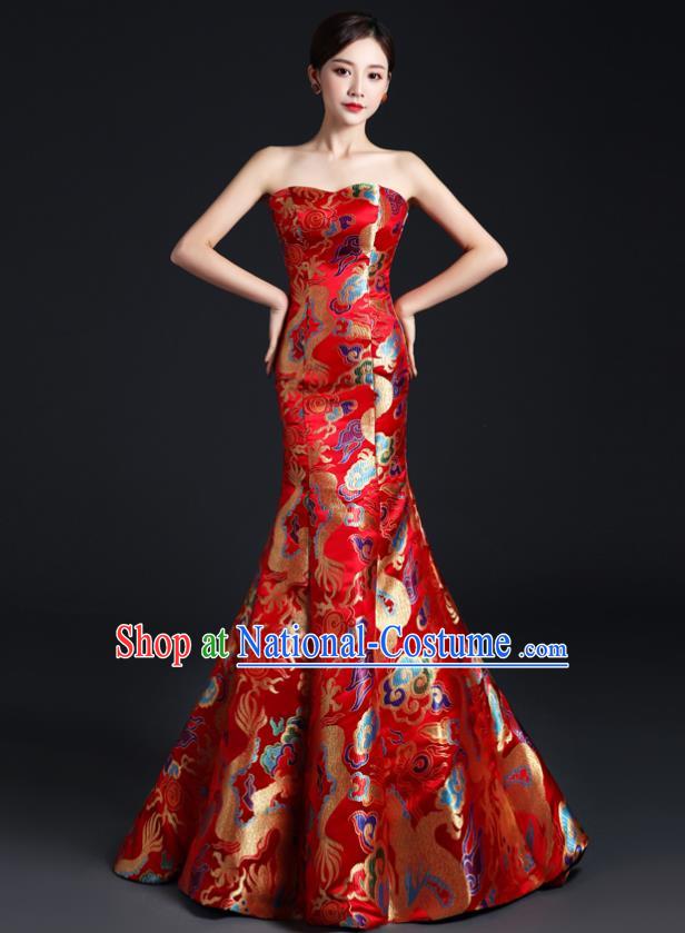 China Compere Fishtail Dress Professional Catwalks Red Full Dress Wedding Bride Formal Garment