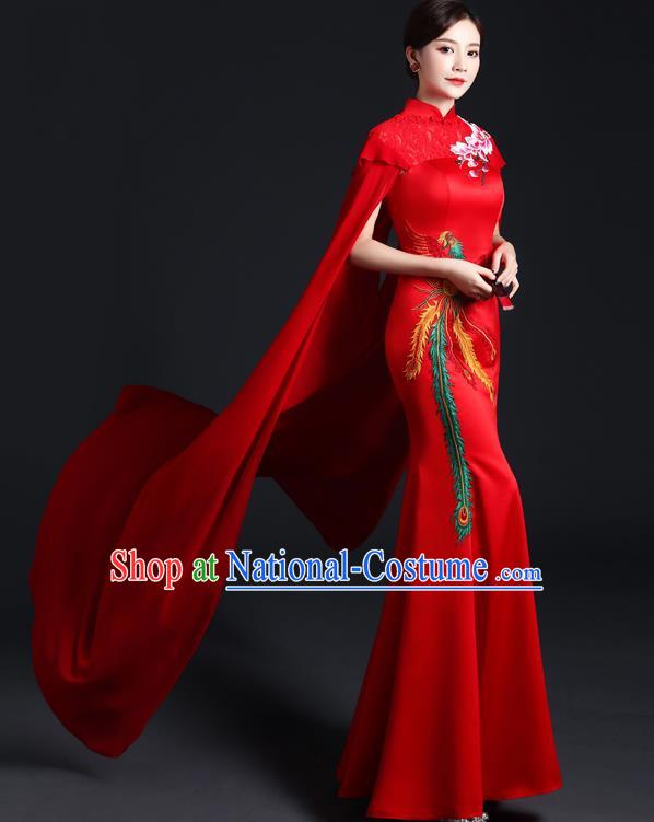 Chinese Classical Qipao Clothing Modern Red Mantle Cheongsam Traditional Embroidered Phoenix Dress Compere Full Dress