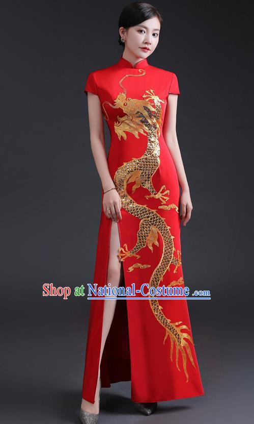 Chinese Compere Full Dress Embroidered Dragon Qipao Clothing Modern Cheongsam Traditional Red Dress