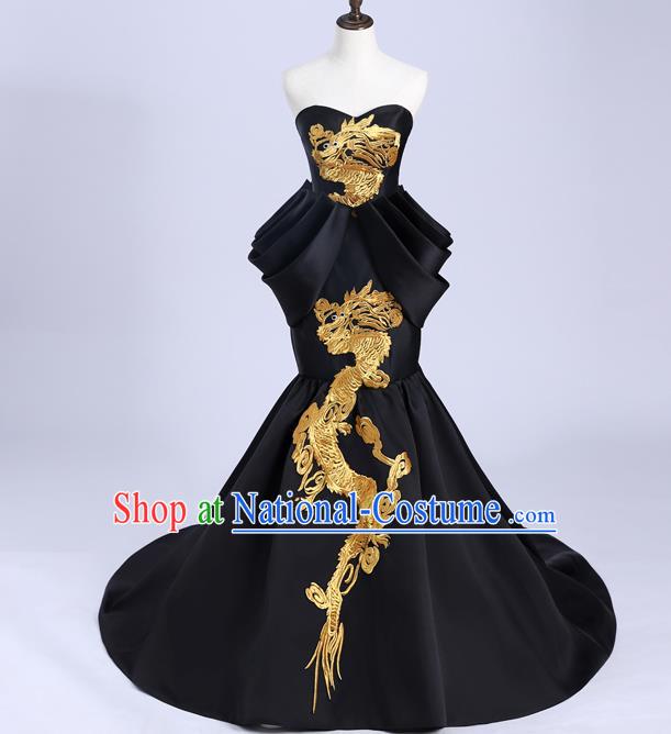 China Compere Embroidery Dragon Dress Professional Catwalks Black Full Dress New Year Formal Garment