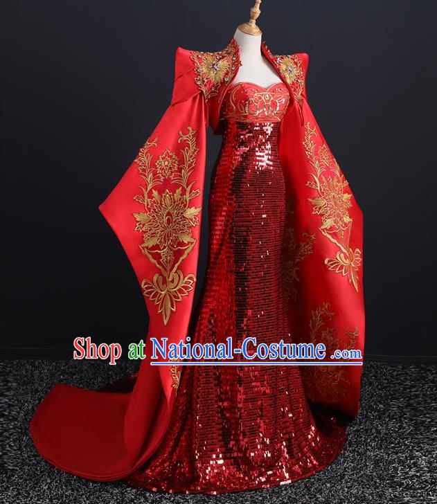 China Compere Red Fishtail Dress Professional Catwalks Embroidery Beads Full Dress New Year Formal Costume